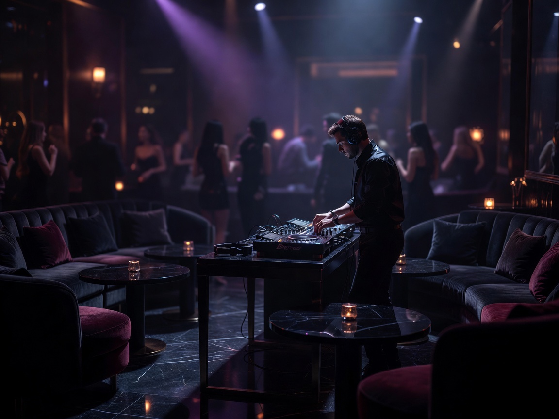 DJ performing deep rhythmic house music with ambient mood lighting in a luxury night lounge
