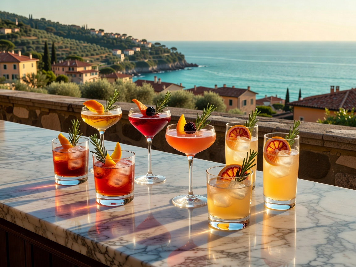 Luxury craft cocktail glasses with garnish on a marble terrace bar in Italy
