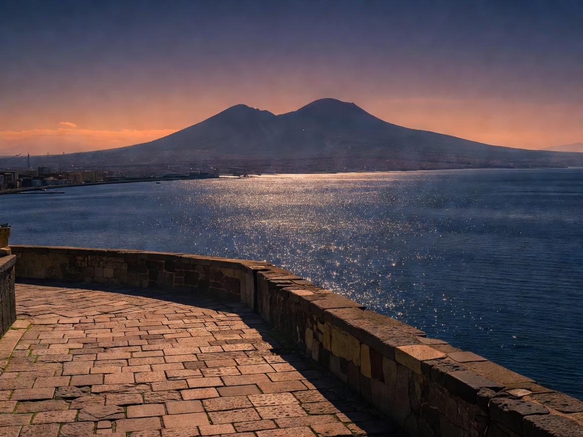 Naples bay terrace overlooking the sparkling Mediterranean sea and Mount Vesuvius at dusk