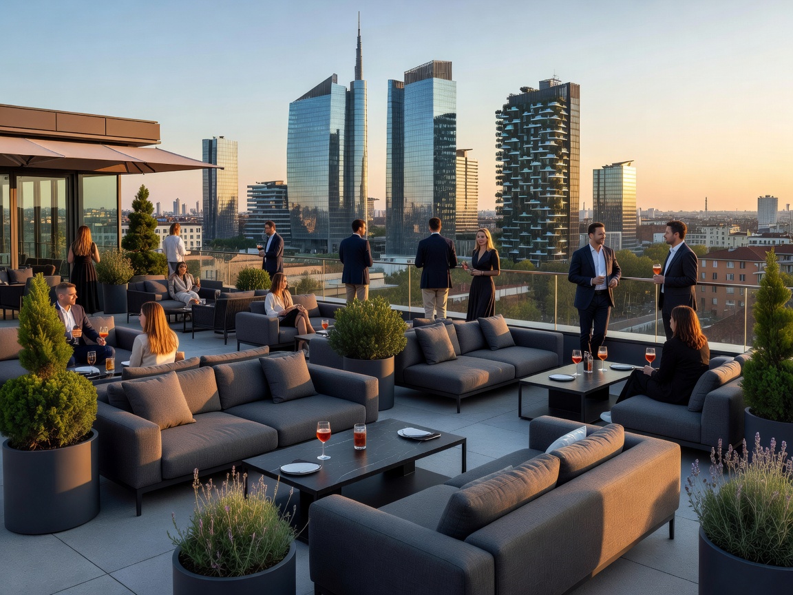 Radio Rooftop Bar at ME Milan Il Duca overlooking Porta Nuova skyscrapers