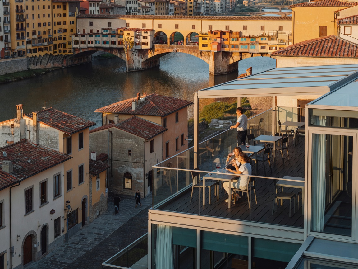 SE STO on Arno glass rooftop terrace overlooking the Florence riverbank and Ponte Vecchio