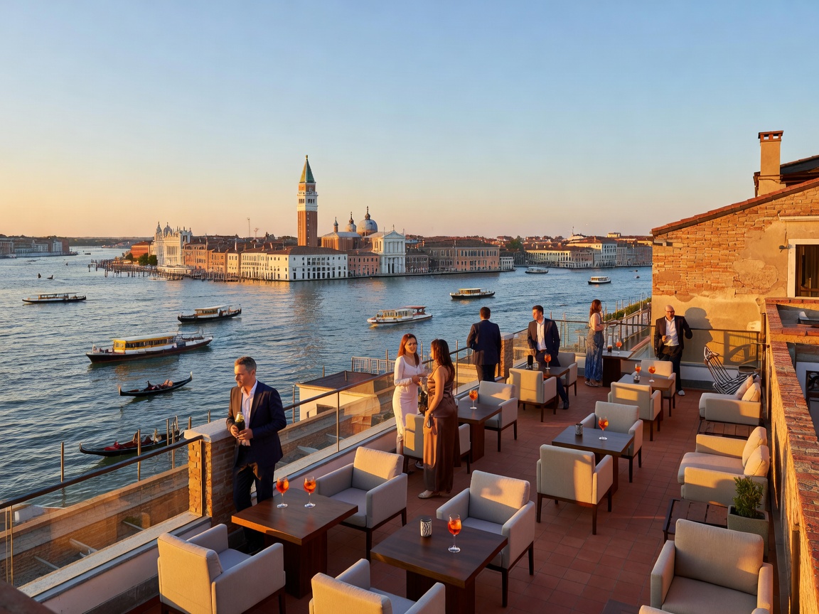 Skyline Rooftop Bar Venice overlooking the Giudecca canal and St Marks bell tower