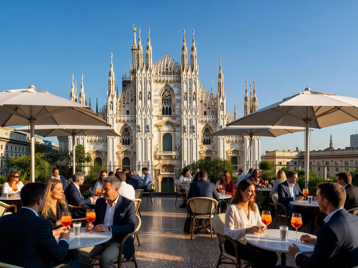 Terrazza Aperol in Milan with clear views of the Duomo spires